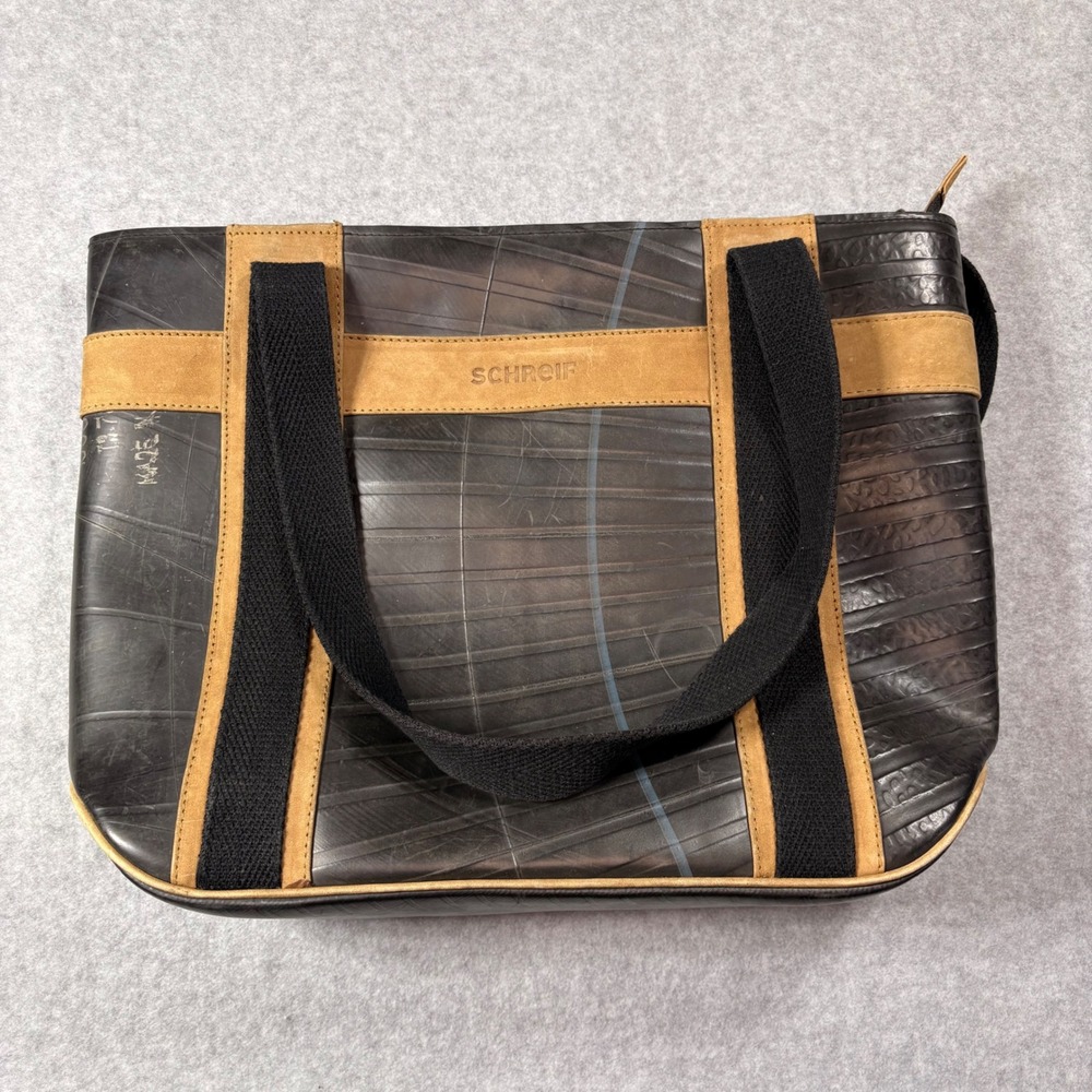 Schreif Recycled Tire Inner Tube Suede Tote Bag Black Tan Plaid Lining Eco Bag